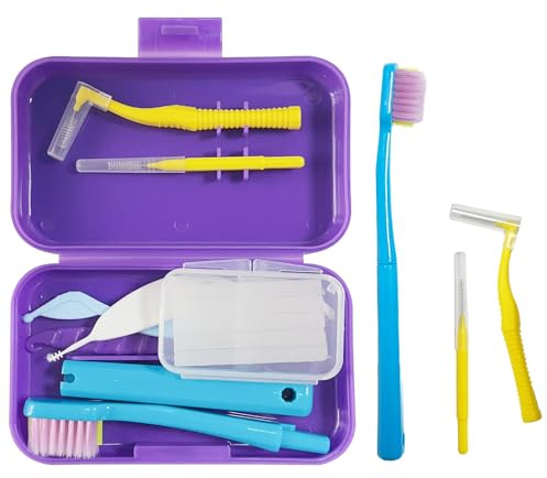 6-in-1 Orthodontic Oral Care Kit with Case – Detachable Toothbrush, Interdental Brush, Dental Floss Pick, Toothpick Brush, Dental Wax with Cutter, Elastic Hook Set for Braces Daily Travel Use (Purple)