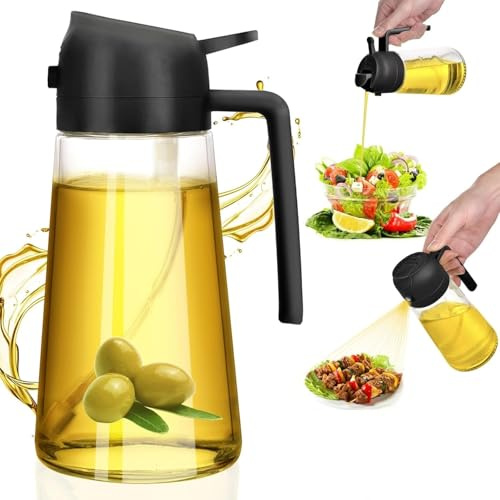 HUAERSICO Pulverizador de aceite para aceite de cocina de 600 ml, 2 en 1 de cristal grueso y botellas de aceite, diseño antigoteo, pulverizador de aceite para barbacoa, cocina