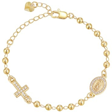 VNOX Catholic Virgin Mary Cross Bracelet 14K Gold Plated Bracelet for Women, Adjustable 6.3+2 Extension, Smooth-faced Bead, Catholic Confirmation Baptism Gifts for Girls Women