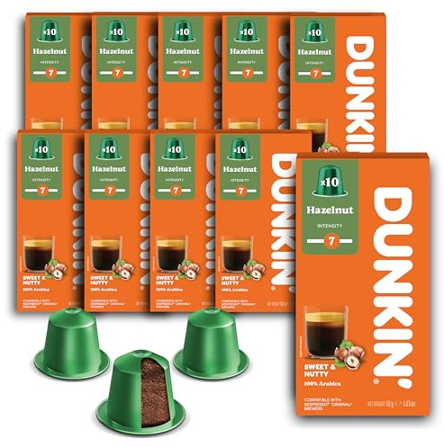 Dunkin' Donuts Noisette 100 Capsules de Café | Compatibles avec les machines Nespresso® | 100% Arabica | Torréfaction foncée, intense & corsée | Espresso classique avec note de noisette