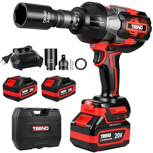 TEENO Pistola de Impacto Inalámbrica 3/4 sin Escobillas – 1600 N·m, Rotación Yunque 180° & Pivote Cabeza 90°, con 2 Baterías 4.0Ah + Estuche Plástico y Casquillo 34mm, para Auto, Camión y Jardinería