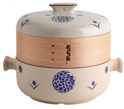 MEMEM Cacerola Japonesa con Cesta vaporera de bambú, Redonda de cerámica de gres con Tapa, Plato de Sopa de cerámica de Dos Pisos.(2.5L)