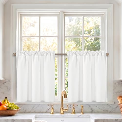 DWCN White Faux Linen Kitchen Curtains, 24 Inch Drop Cafe Curtains for Small Windows, Solid Colour Short Window Curtain Tiers for Bathroom, Cupboard, Sink, Rod Pocket, W 26 x L 24 Inch, 2 Panels
