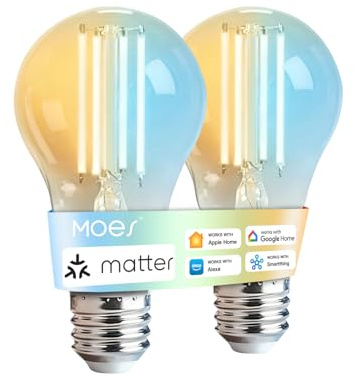 MOES Matter Smart Alexa Glühbirne E27 Vintage, WLAN LED Lampe, Dimmbar, 2700K-6500K Warmweiss & Kaltweiß, Edison Birne,Kompatibel mit Apple Home,Alexa,Google Home,2 Stück