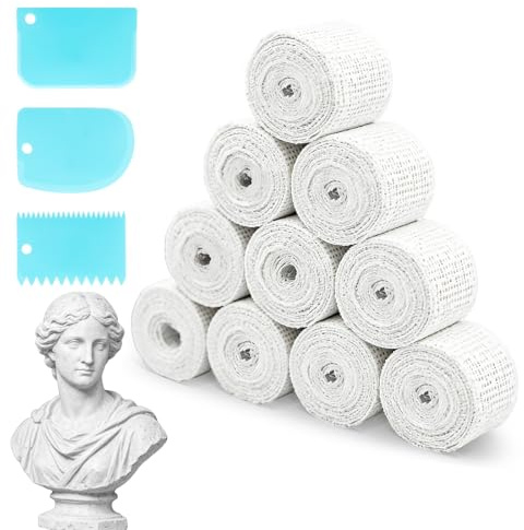 XIANGLONGY Kit Bende in Gesso 10 Rotoli 5 cm x 2,7 m con 3 Spatole, Bendaggi Singolarmente Confezionati per Maschere, Sculture, Arte Materica e Progetti Creativi DIY