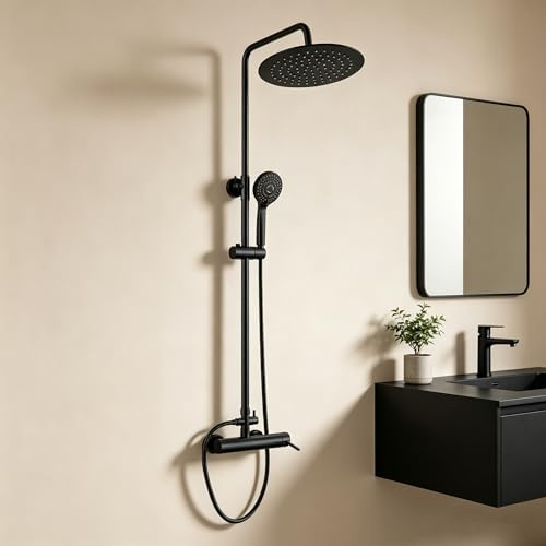 KOMIRO Colonna doccia nera, colonna doccia con miscelatore monocomando, regolabile in altezza, doccetta e doccetta, set doccia per bagno