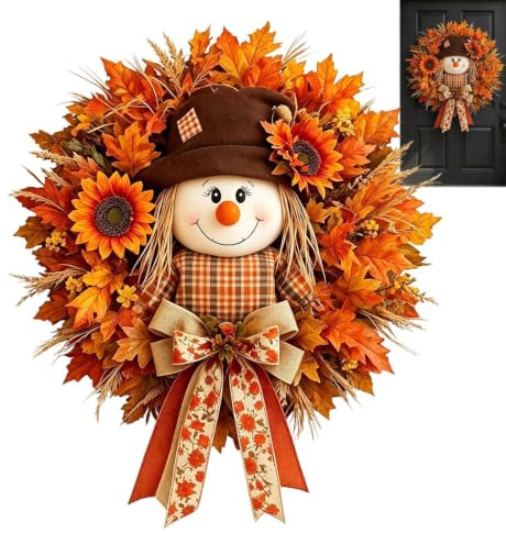 Höstlig krans Konstgjord Lönn Bondgård Välkomstgirlang | Fågelskrämma Höstkrans För Ytterdörr För Gäster, Trädgård, Grind, Utomhus, Inomhus, , Halloween, Thanksgiving,