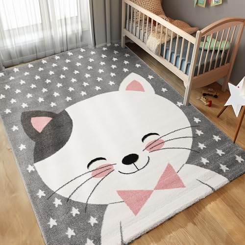 Carpettex Kinderteppich Katze Design Pink 80 x 150 cm Läufer - Kurzflor Teppich Kinderzimmer für Mädchen und Jungen Pflegeleicht Weich - Waschbarer Spielteppich Babyteppich Gaming Teppich Babyzimmer