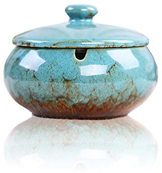 Lependor Aschenbecher aus Keramik mit Deckel, winddicht, Zigarettenaschenbecher für den Innen- oder Außenbereich ， Aschenhalter für Raucher, Desktop-Aschenbecher für die Inneneinrichtung - Blau