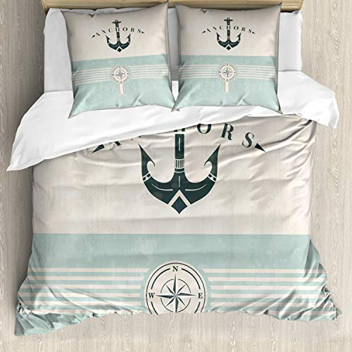 ABAKUHAUS Nautisch Bettwäsche Set für Doppelbetten, Altmodisch Maritim Anker, Weicher Microfaserstoff Allegigeignet kein Verblassen,Seafoam Beige Reseda Grün