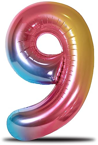 envami® Ballon d'anniversaire arc-en-ciel Taille XXL Ballon géant en aluminium de 101 cm Vole avec de l'hélium Décoration d'anniversaire (nombre 9)