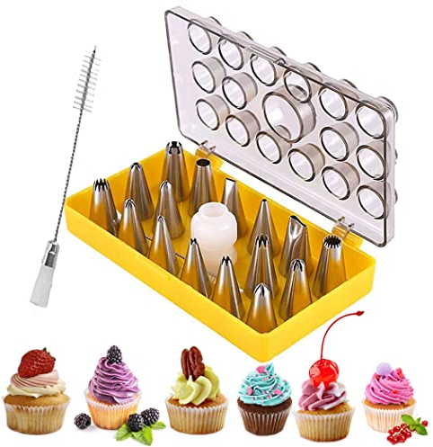 IBLUELOVER Cake Decorating Set 16pcs Cake Piping Nozzle Tips Stainless Steel Small Icing Nozzles Kit with Clean Brush and Coupler, Baking Tools for Cupcakes Pastry Cookies Sugarcraft