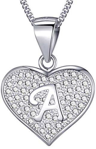 MASADA 925 Silber Herz Buchstaben-Halskette - Initialen-Anhänger mit Zirkonia-Steinen - 46 cm Kette mit Samtbeutel
