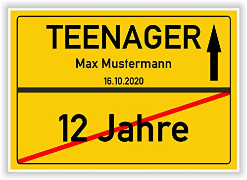 Von 12 Jahre zum Teenager - Ortsschild - Bild - persönliches Geschenk zum 13 Geburtstag mit Name und Datum - personalisierte Geschenkidee 13 Jahre Hinweisschild Party Deko Karte Junge Mädchen