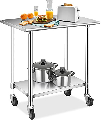 RELAX4LIFE Tavolo da Lavoro per Cucina, Tavolo da Giardino con Ruote, in Acciaio Inossidabile, Tavolino da Lavoro per Officina, Tavolo a Doppio Strato con Piedini Regolabili, 91,5x61x88,5 cm