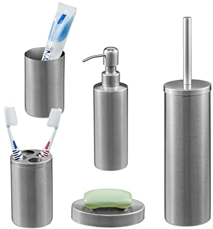 Relaxdays Bagno Completo, 5 Accessori, Kit WC Acciaio Inox Spazzolato, Portaspazzolino, Sapone e Saponetta, Argento, Set da 1 pz