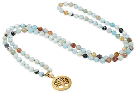 COAI Collana Mala Buddista 108 Perle di Pietre Naturali Annodate a Mano con Ciondolo in Acciaio Inox