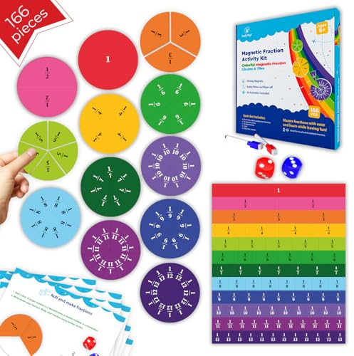 Simply magic 166 PCS Magnetic Fractions Activities Class Set – Fraction Strips, Tiles, Circles & Bars, Magnetic Math Manipulatives for Kids, Perfect Classroom Learning Tools, Homeschool Supplies