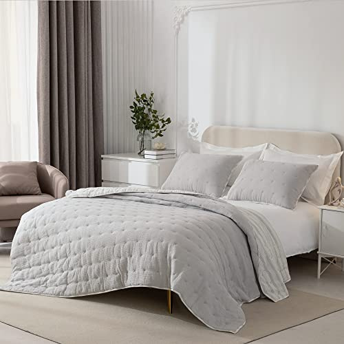 SHALALA Cotton Gauze Quilt Sets, Light Gray Lightweight Queen Size Quilt Bedding Sets, Reversible Seersucker Quilts for Queen Bed, 3pcs Ultro-Soft Bedspread,Breathable Coverlet for All Season