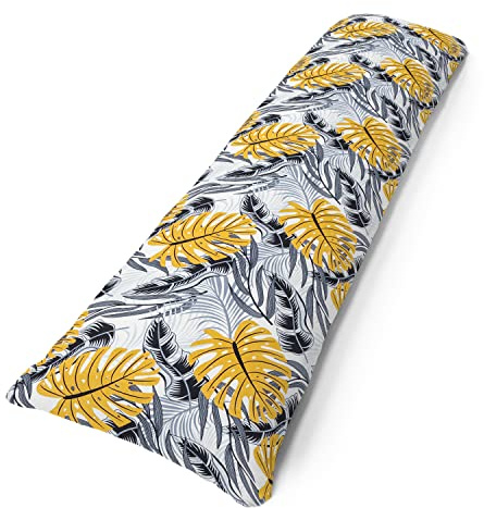 Amilian Seitenschläferkissen inkl. Füllung und Bezug: 150cm x 40cm, Stillkissen, Schwangerschaftskissen, Lagerungskissen Baby und Erwachsene, Pregnancy Pillow: Monstera Grau Senfgelb