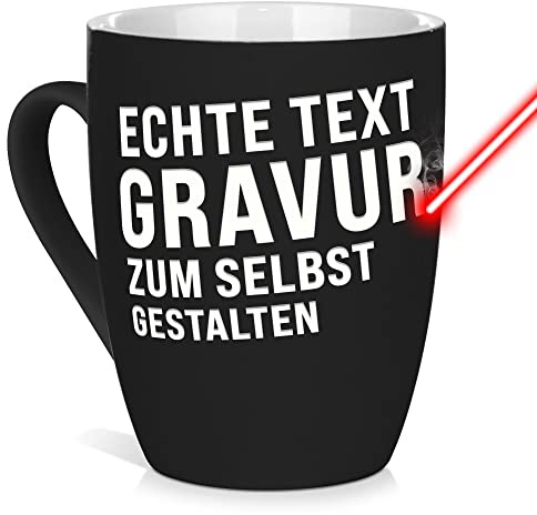 Tasse mit Gravur selbst gestalten - mit eigenem Spruch/Wunschname gravieren - Geschenk Geburtstag, Weihnachten, Freunde, Familie Keramiktasse außen gummiert - Schwarz, 300 ml I Lasergravur