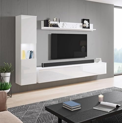 MINIO go for it - Wohnwand Parma 3-Teilig Set Hängend oder Stehend LED | Highboard, Lowboard, Wandboard, Laminierte Spannplatte, Weiß matt / Weiß Hochglanz