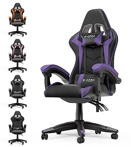Bigzzia Gaming Stuhl Ergonomisch, 90-135°Rückenlehne Gaming Chair Lila | Mit Lendenkissen & Kopfstütze, höhenverstellbar & 360° drehbar, passend für Jugendliche und Erwachsene, bequemes PU-Leder