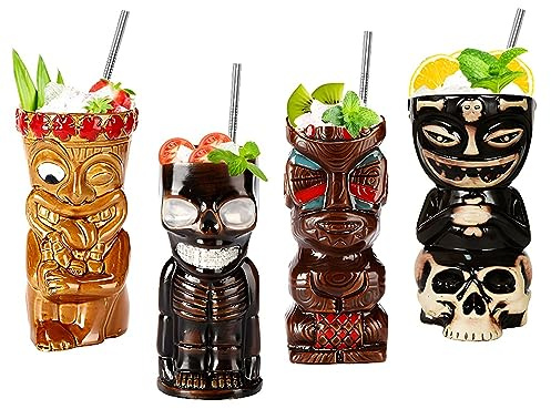 Morlinca Tiki Mugs–Tiki Becher 4er Set–Keramik Tiki gläser Cocktailgläser Tiki Bar deko Tiki Cocktail Party–Tiki Themed Parties–Halloween Parties–Hawaiianische Party,A1