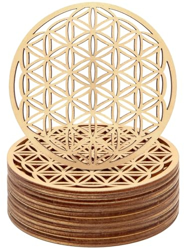 VEGCOO Set di 12 sottobicchieri in legno di betulla, fiori della vita, per meditazione, decorazione casa, decorazione per sala da pranzo, 10 x 10 cm