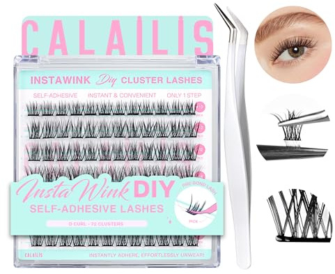 CALAILIS Selbstklebende Wimpern 72 Stück D Curl Druck auf Kein Kleber erforderlich Einzeln Wimpern Vorgeklebt Wiederverwendbares Kleberfreies mit Pinzette für Anfänger (ZBP08)
