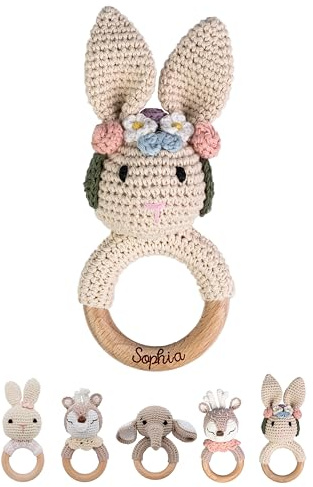 wunderwunsch® - Personalisierter Beißring Baby - Niedlicher Greifling für Baby's ab 0 Monate - Babyrassel mit Name als Baby Geschenk für Mädchen und Jungen (Hase mit Blumenkranz,ohne Gravur)