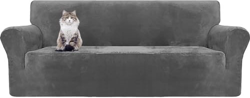 JUNLEBUYI Stretch Sofa überzug 1 2 3 4 Sitzer Samt Elastische Sofabezug Mit Armlehnen Sofahusse Waschbarer, Kratzfester rutschfest Sofaüberwurf Für Hunde Katzen Und Haustiere (Grau,3 Sitzer)