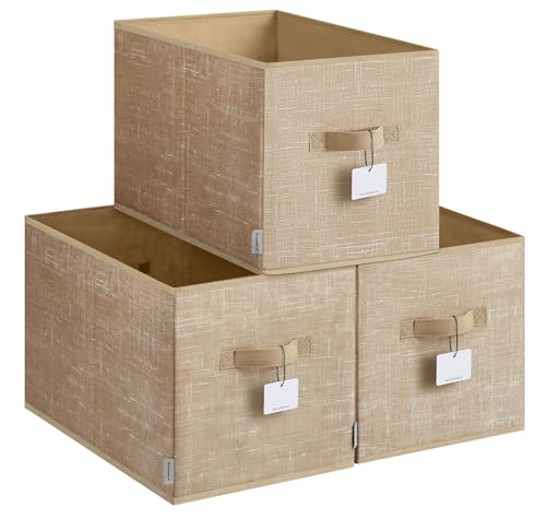 SONGMICS Cajas de Almacenaje Plegables, Juego de 3 Cestas de Tela, 50 x 30 x 30 cm, Organizadores de Armario, 2 Asas, Portaetiquetas, para Dormitorio, Salón, Beige Arena ROB450K01
