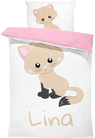 Pictogogo Personalisierte Kinderbettwäsche Set mit Katzen - Baby Bettwäsche Mit Namen - Wählbare Unterfarbe - Babybett Komplett Set - 1 Bettbezug & 1 Kissenbezug (100 x 135 cm, Beige)