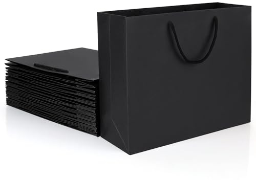 MUXHEL 20 Stück Schwarze Papier Geschenktaschen, 32 x 11 x 25cm Große Papiertüten mit Griffen, Kraftpapier Tüten Tragetaschen für Geburtstag Party Hochzeit Geschenk Verpackung