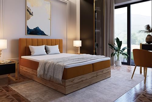 Marlux-Meble Boxspringbett mit Matratze 140x200 cm und Stauraum | Steppung Doppelbett mit Matratzen Topper und Bettgestell 140x200cm | Riko II, Honigfarbe
