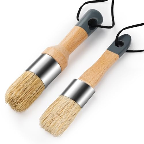 Mister Rui Wax and Chalk Paint Brush, 2 Pack Chalk Paint for Furniture and Natural Bristle Paint Brush for DIY Art Crafts, Natural Bristle, Round Oval Brush, Chalk Paint Wax Brushes