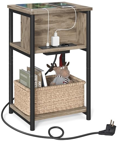 VASAGLE Table d'Appoint, Petite Table de Chevet avec Multiprise, Fin, 2 Prises CA, 2 Ports USB, 30 x 34 x 58 cm, pour Salon, Chambre, Marron Camel et Noir LET375K01