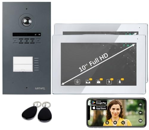 MATHFEL 2 Familienhaus 2 Draht Bus WLAN Video-Türsprechanlage, 7 Zoll Monitor mit Full HD 2 Megapixel 170 Grad Weitwinkelkamera -Außenstation in Anthrazit mit Fingerprint (2x7'' Monitore)