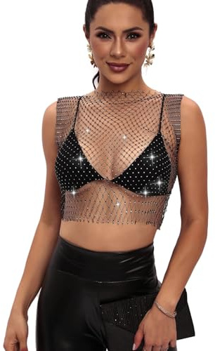 KGDUYC Top Trasparente in Rete Con Strass, Gilet Scintillante, Costume Da Donna e Ragazza per Feste e Festeggiamenti in Maschera