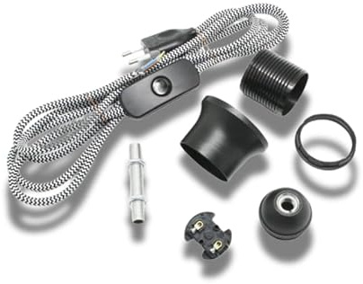 Elektro-Set für DIY-Lampe – E27 Fassung Schwarz mit Textilkabel Schwarz-Weiß – Ohne Lampenschirm – Inkl. Handschalter & Montageanleitung – Hanna's Laden