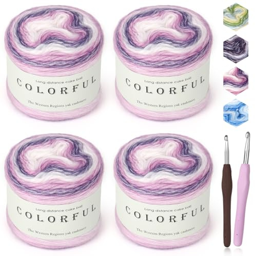Reessy Ombre Yarn for Crochet, 4×100g Soft Gradient Yarn, Pretty Multicoloured Rainbow Yarns for Knitting DIY, 60% Cotton 30% Acrylic 10% Wool, Extra 2 Crochet Hooks