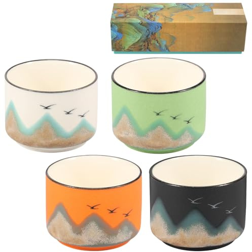 Fyeme 4Pcs Ceramic Tea Cup Mountain Pattern Teacup Set 50ml Chinese Japanese Ceramic Teacup Chinese Tea Cups Traditional Earthenware Cups No Handle Asian Tea Cup Ceramic Japanese Tea Cup for Home