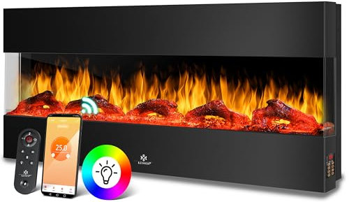 KESSER® Camino da parete elettrico 3D con riscaldamento a 9 modalità di colore effetto fiamma LED, 900/1800 W stufa a parete e incasso riscaldamento funzione app telecomando (nero, 138 cm)