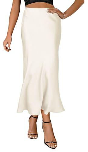 Elenint Damen Eleganter Bodycon Rock Glatte Seide Satin Hohe Taille Midi Lange Röcke Elastisch Fischschwanz Rock Party Cocktail (DE/NL/SE/PL, Alphanumerisch, S, Regular, Regular, Beige)