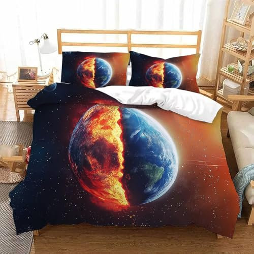 JSCWDET 3D Weltraum-Asteroiden Bettwäsche Lavaflamme Design Luxus Bettwaren-Sets Mikrofaser Weiche Kinderbettwäsche Mädchen Bettbezug mit Reißverschluss und Kissenbezug
