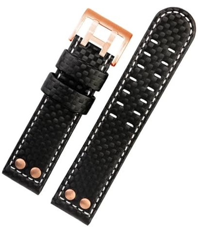 MBUIOPJ Kompatibel mit Hamilton Khaki Aviation Series H77696793 77616533 Uhrenarmband aus Kohlefaser-Leder mit roségoldenem Nietenarmband, 22 mm(Black-rose gold)
