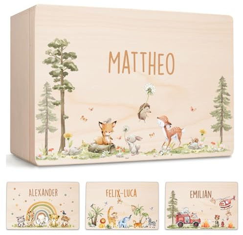 Little Deco Personalisierte Baby-Erinnerungskiste aus Holz | L - 40 x 30 x 22 cm | mit Waldtiere Geschenk zur Geburt Taufe Geburtstagsgeschenk für Mädchen & Jungen XHL1016-02L