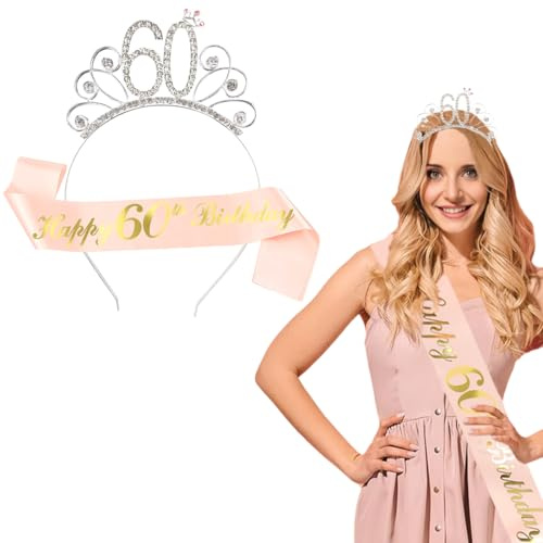 GVEYIQK 60 Ans Couronne Anniversaire Écharpe, anniversaire 60 ans femme, Couronne de Diadème en Cristal Joyeux 50e Anniversaire avec Ceinture D'Anniversaire, cadeau anniversaire femme 60 ans