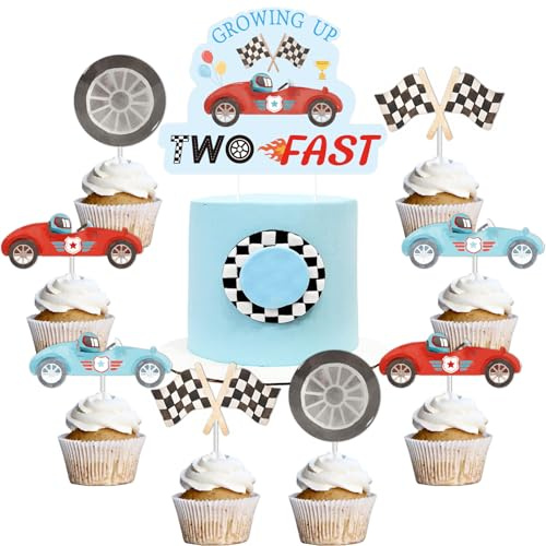Wonmelody 25PCS Racing Car 2nd Cake Topper Decor Growing Up Two Fast Birthday Cake Topper Decor Vintage Racing Car 2nd Birthday Cupcake Toppers Decor for Two Fast Birthday Racing Theme Party